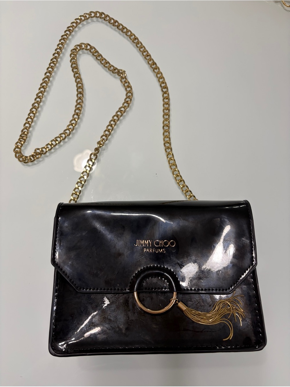 Jimmy Choo Black Patent Leather Crossbody with Gold Chain